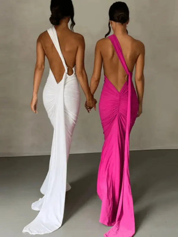 Mozision Backless Maxi Dress - Sleeveless Summer Gown with Back Strap & Ruched Detail. - Easy Shop Brand