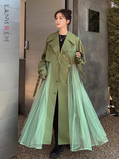 A model showcasing the LANMREM Women's Casual Single Breasted Trench Coat in a styled outfit.
