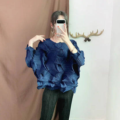 Casual Pleated T-Shirt Women Irregular Loose Solid Color Pullover Top