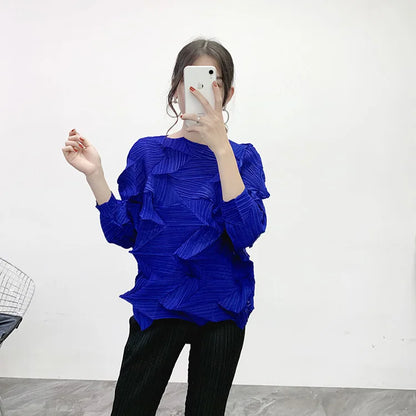 Casual Pleated T-Shirt Women Irregular Loose Solid Color Pullover Top