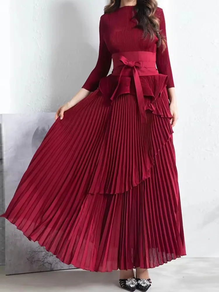 Women's Fashion Party Pleated 2-Piece Set - Round Neck Irregular Belt Gathered Waist Long Dresses