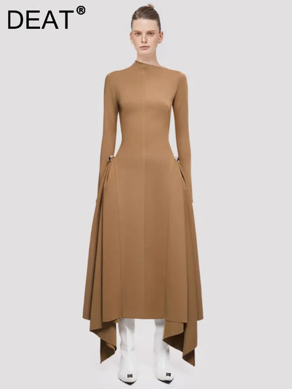 DEAT Elegant Skew Collar Long Sleeve Dress with Waist Retraction & Asymmetric Hem for Women - Autumn New