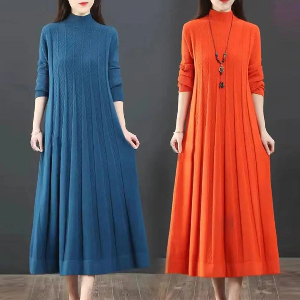 Autumn Winter Plus Size Belly Covering Retro Knitted Sweater Dress for Middle-Aged Women