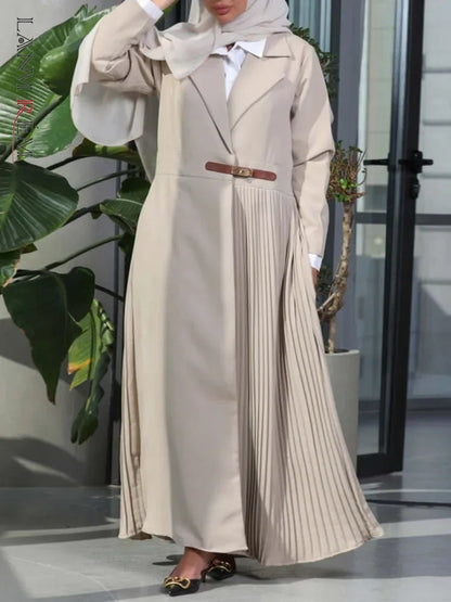 Women's Pleated Spliced Trench Coat with Belt - Office Lady Fashion