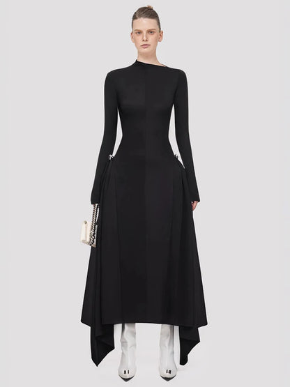 DEAT Elegant Skew Collar Long Sleeve Dress with Waist Retraction & Asymmetric Hem for Women - Autumn New