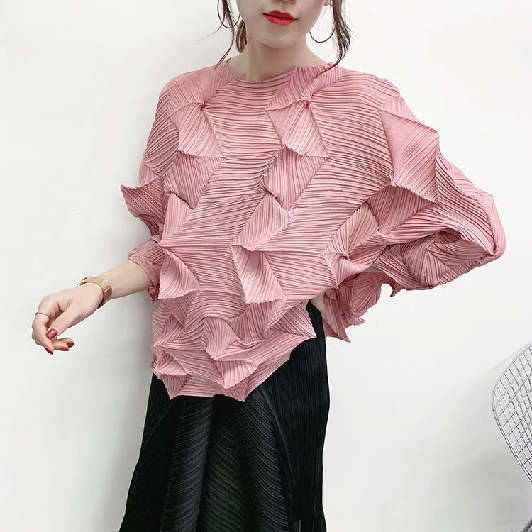 Casual Pleated T-Shirt Women Irregular Loose Solid Color Pullover Top