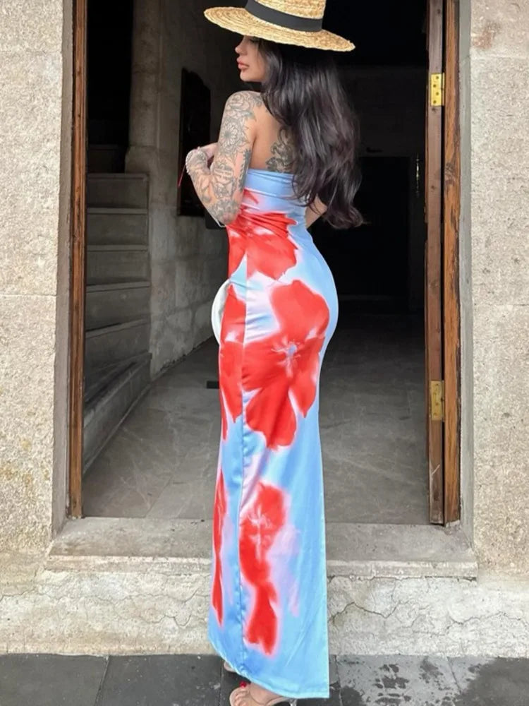 Floral Print Backless Maxi Dress with Off-Shoulder and Split Design