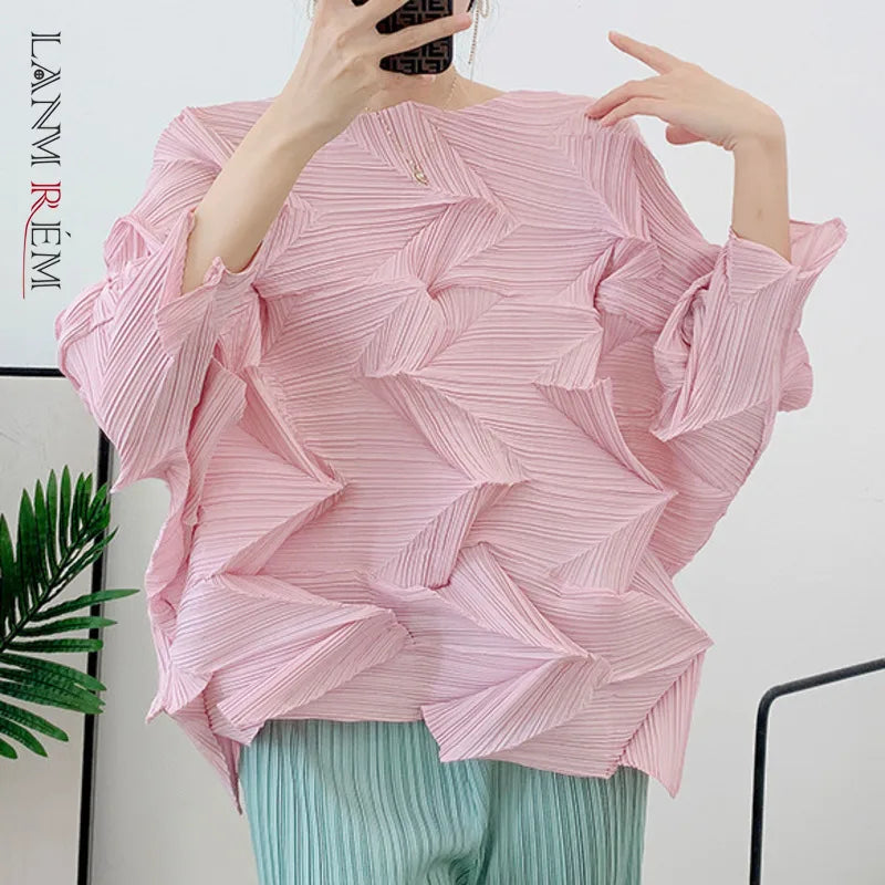 Casual Pleated T-Shirt Women Irregular Loose Solid Color Pullover Top