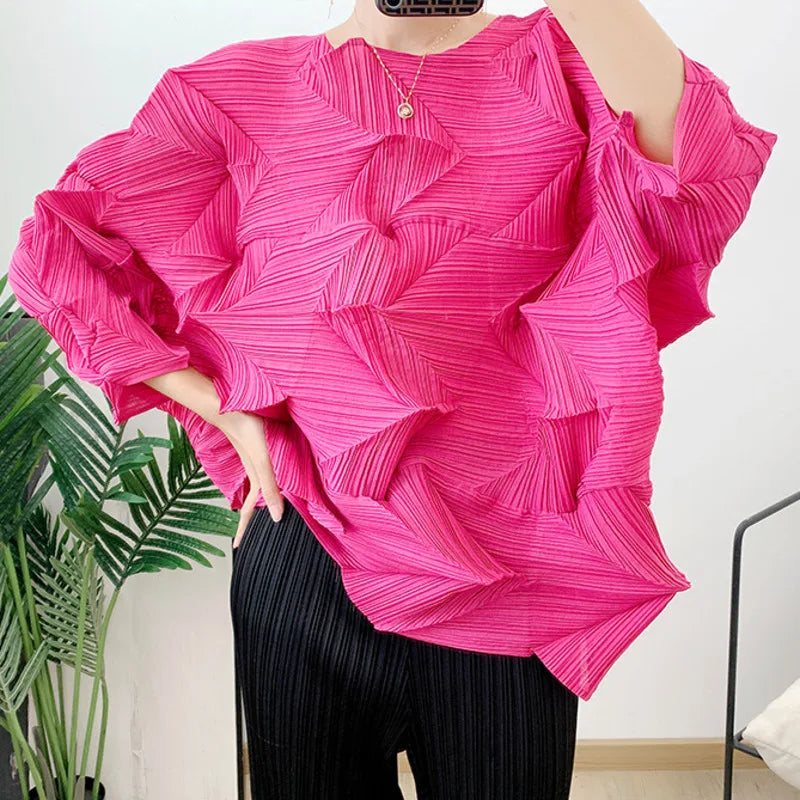 Casual Pleated T-Shirt Women Irregular Loose Solid Color Pullover Top