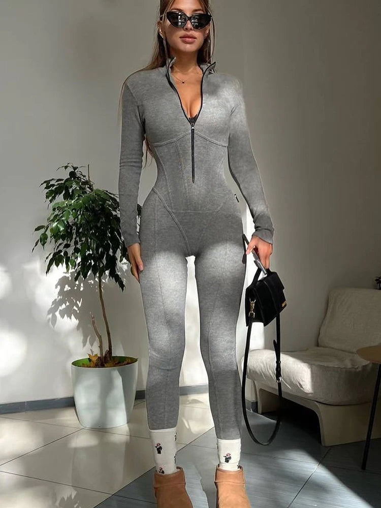 Long Sleeve V-Neck Striped Fitness Jumpsuit for Women