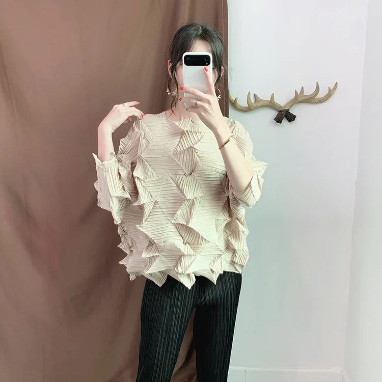 Casual Pleated T-Shirt Women Irregular Loose Solid Color Pullover Top