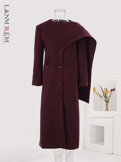 Women's Winter Woolen Long Coat - Irregular Patchwork Single Breasted Office Lady Coat