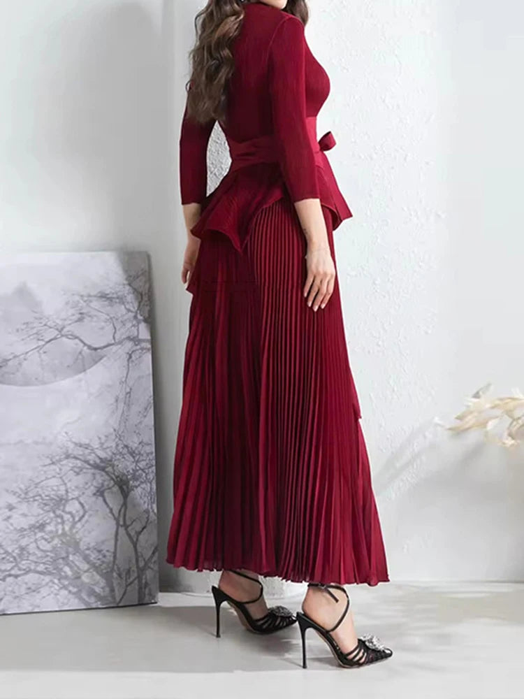 Women's Fashion Party Pleated 2-Piece Set - Round Neck Irregular Belt Gathered Waist Long Dresses