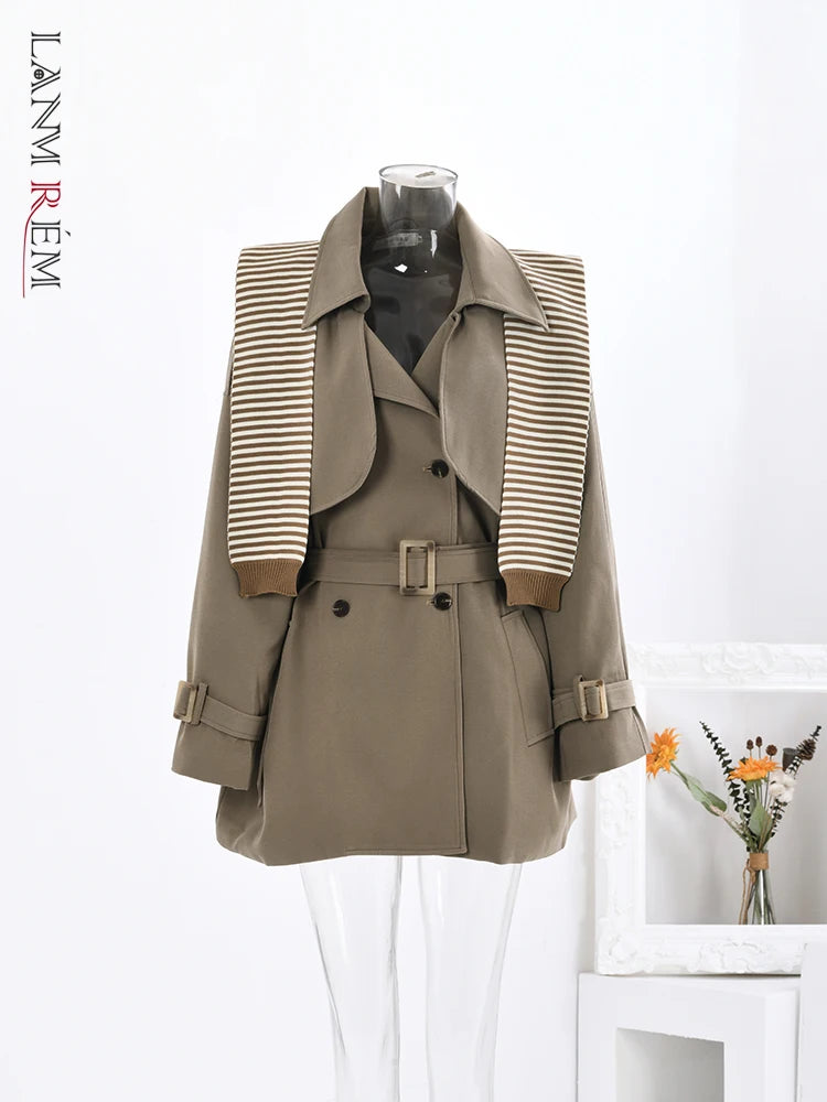 Women's Vintage Knitted Shawl Trench Coat - Belted Double Breasted Mid-Length Windbreaker