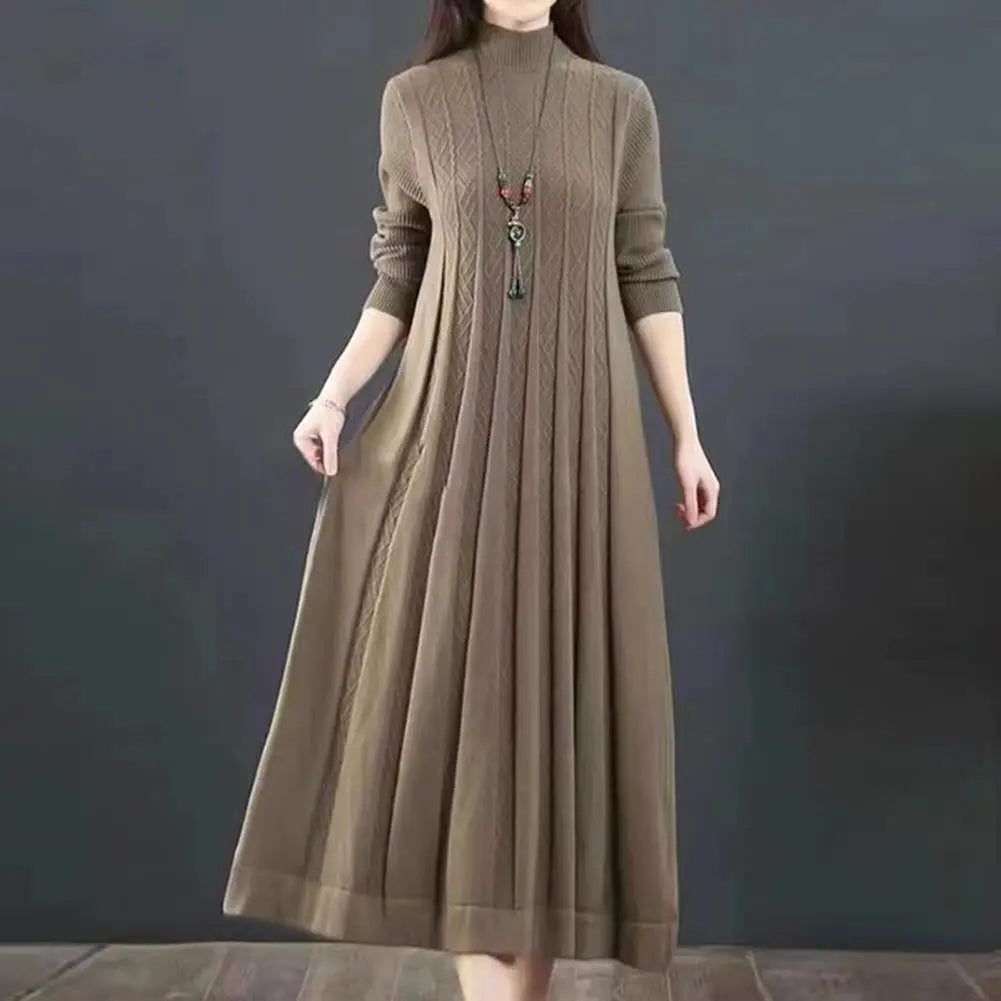 Autumn Winter Plus Size Belly Covering Retro Knitted Sweater Dress for Middle-Aged Women