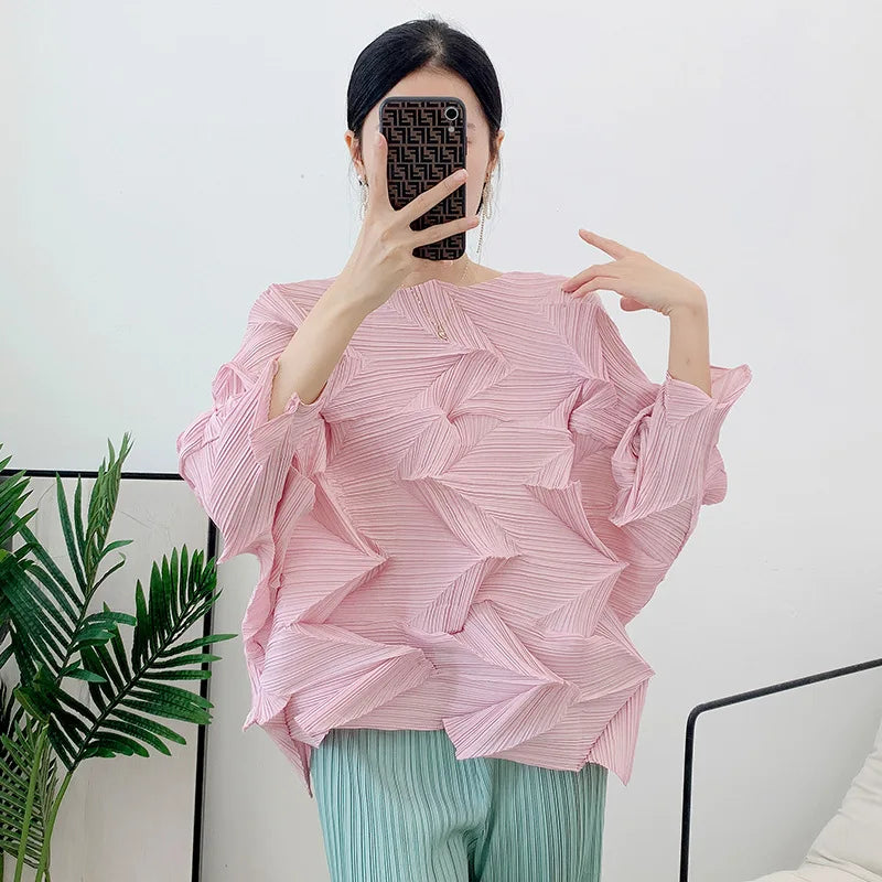 Casual Pleated T-Shirt Women Irregular Loose Solid Color Pullover Top