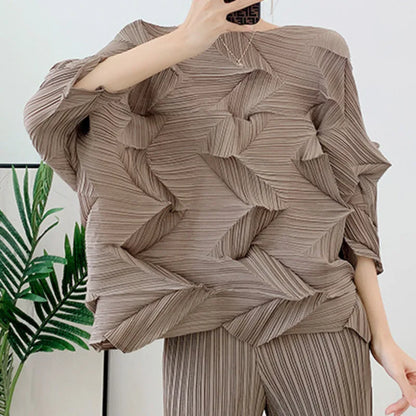 Casual Pleated T-Shirt Women Irregular Loose Solid Color Pullover Top