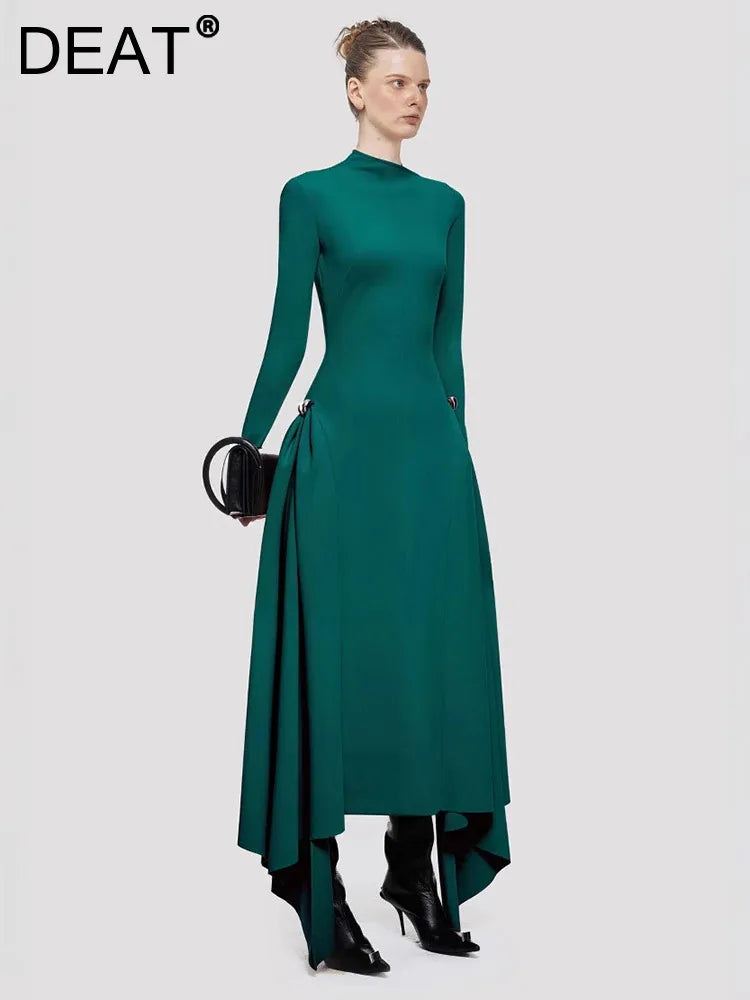 DEAT Elegant Skew Collar Long Sleeve Dress with Waist Retraction & Asymmetric Hem for Women - Autumn New