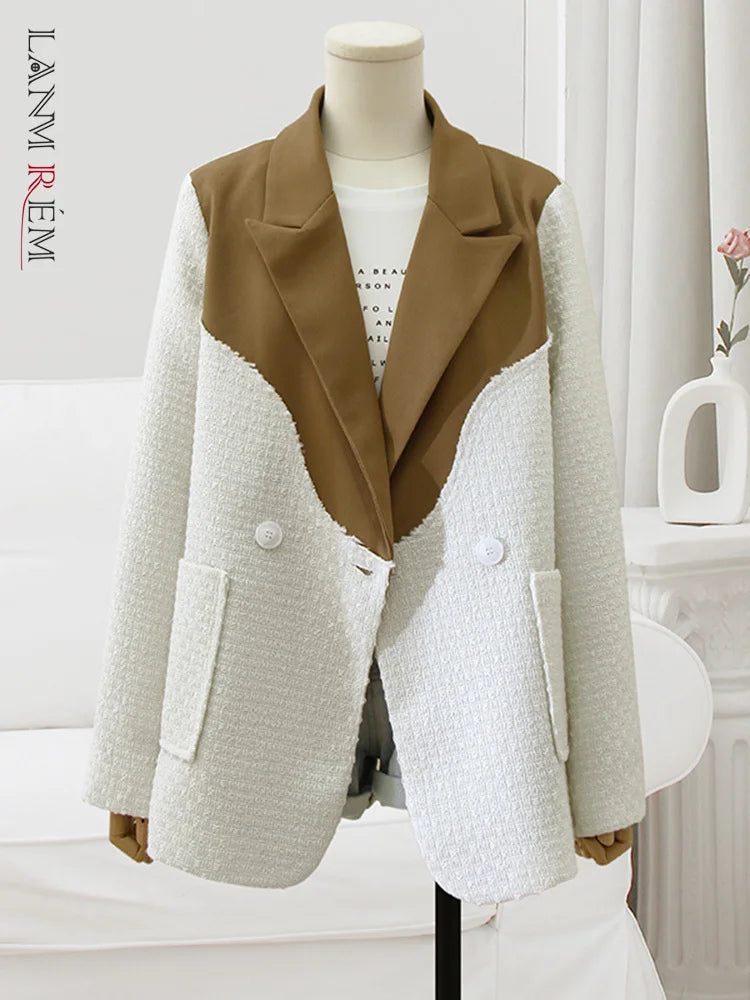 Korean Style Women's Blazer Contrast Color Notched Double Breasted Coat - Spring Fashion New