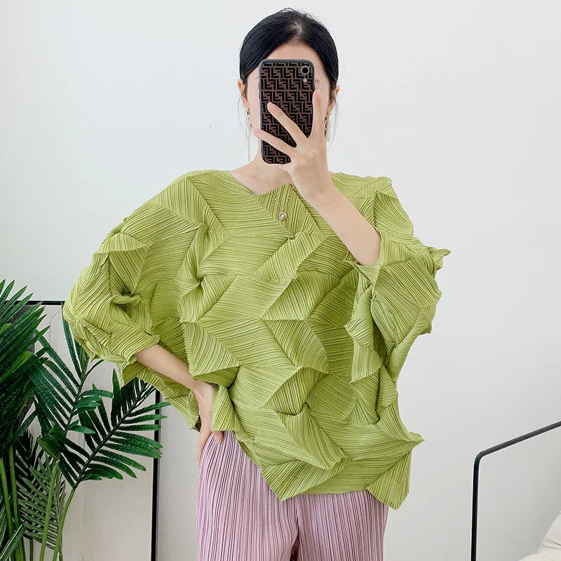 Casual Pleated T-Shirt Women Irregular Loose Solid Color Pullover Top