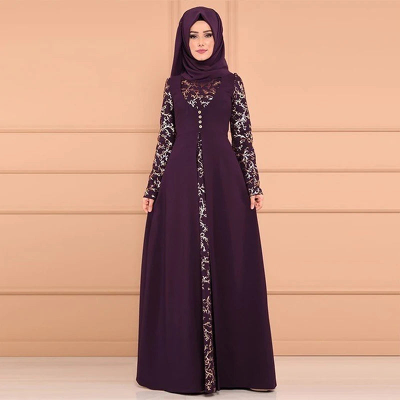 "Arab Muslim Women's Abaya - Elegant Kaftan Long Dress with Prints for Special Occasions"