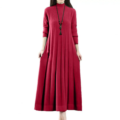 Autumn Winter Plus Size Belly Covering Retro Knitted Sweater Dress for Middle-Aged Women