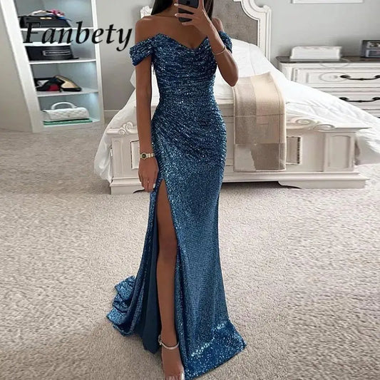 "Blue Sequin Maxi Dress"
