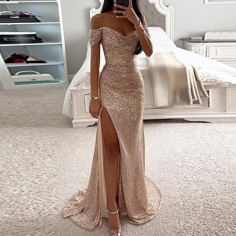 "Champagne Sequin Maxi Dress"
