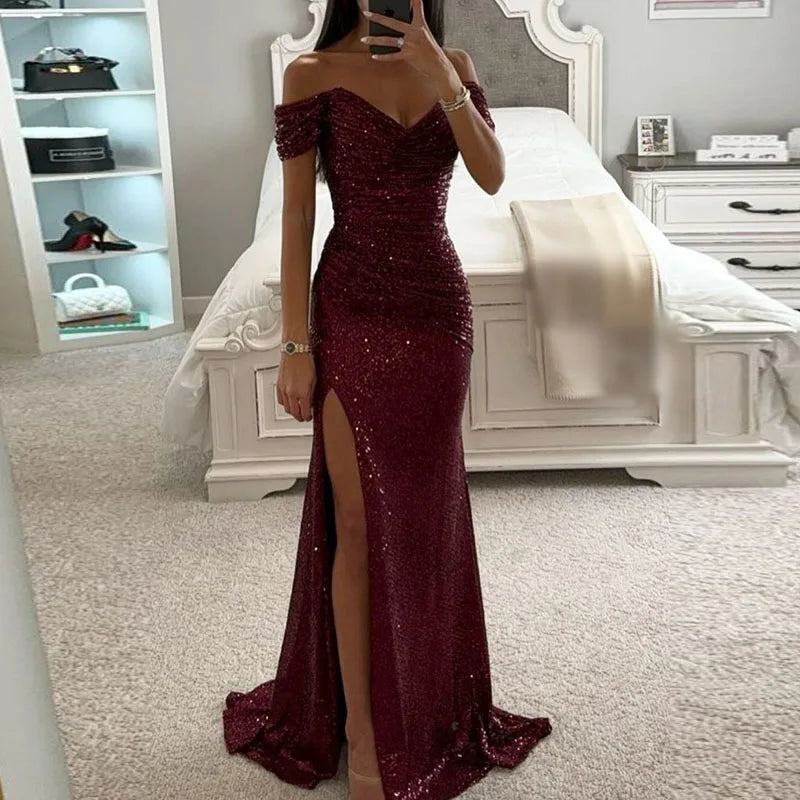 "Wine Red Sequin Maxi Dress"
