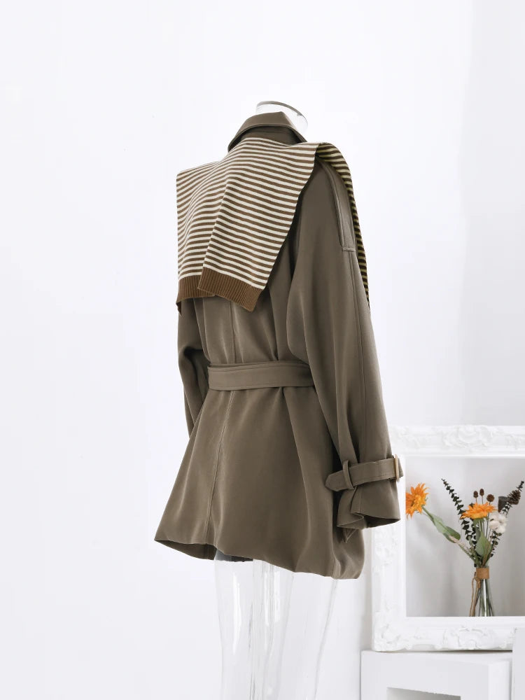 Women's Vintage Knitted Shawl Trench Coat - Belted Double Breasted Mid-Length Windbreaker