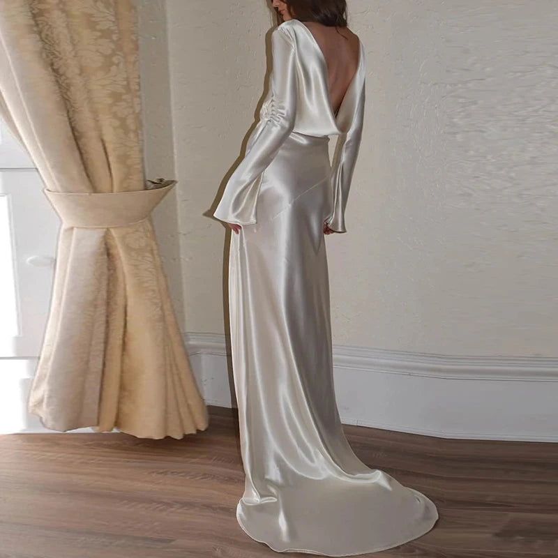 "Back view of White Satin Backless Mermaid Evening Dress for Women"
