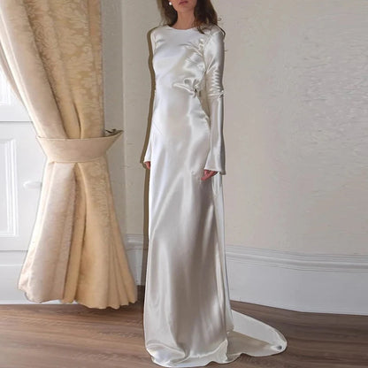 "Front view of White Satin Mermaid Evening Dress with long sleeves"
