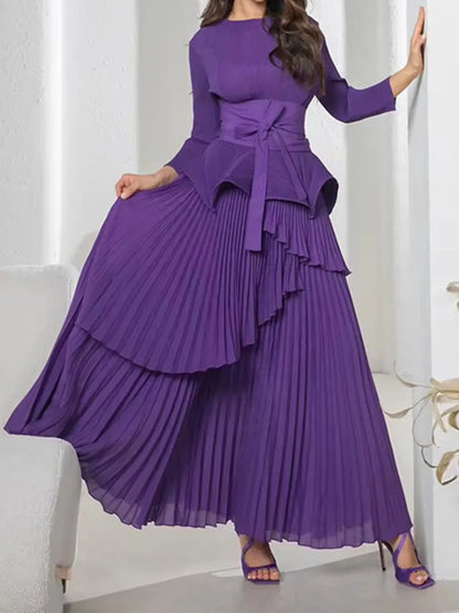 Front view of the Women’s Floor-Length A-Line Pleated Dress in purple, showing elegant pleats.
