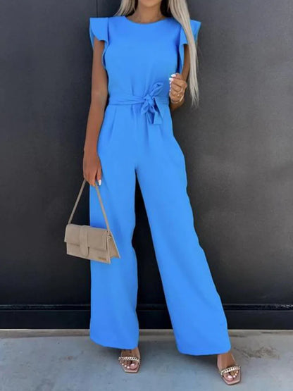 Beautiful blue jumpsuit with a vintage design, full-length, and breathable broadcloth fabric.
