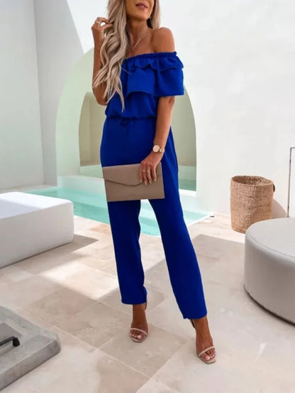 Dark blue wide-leg jumpsuit for women, Fanbety brand, perfect for summer and all seasons.
