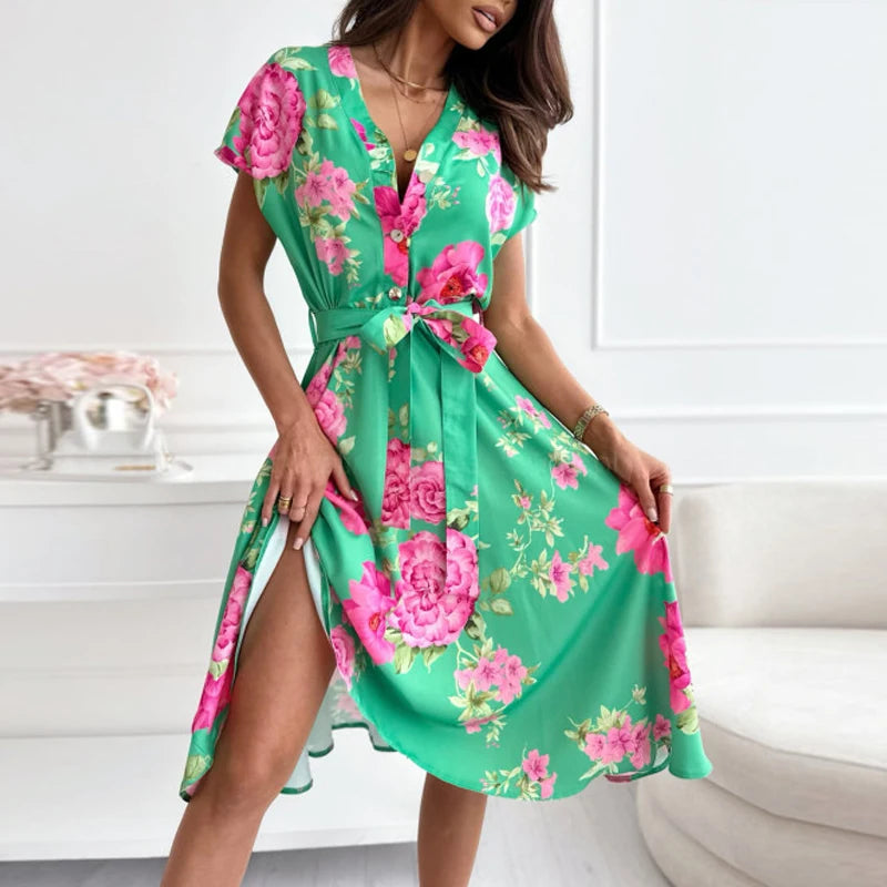 Elegant V-neck dress featuring floral print for a feminine look.
