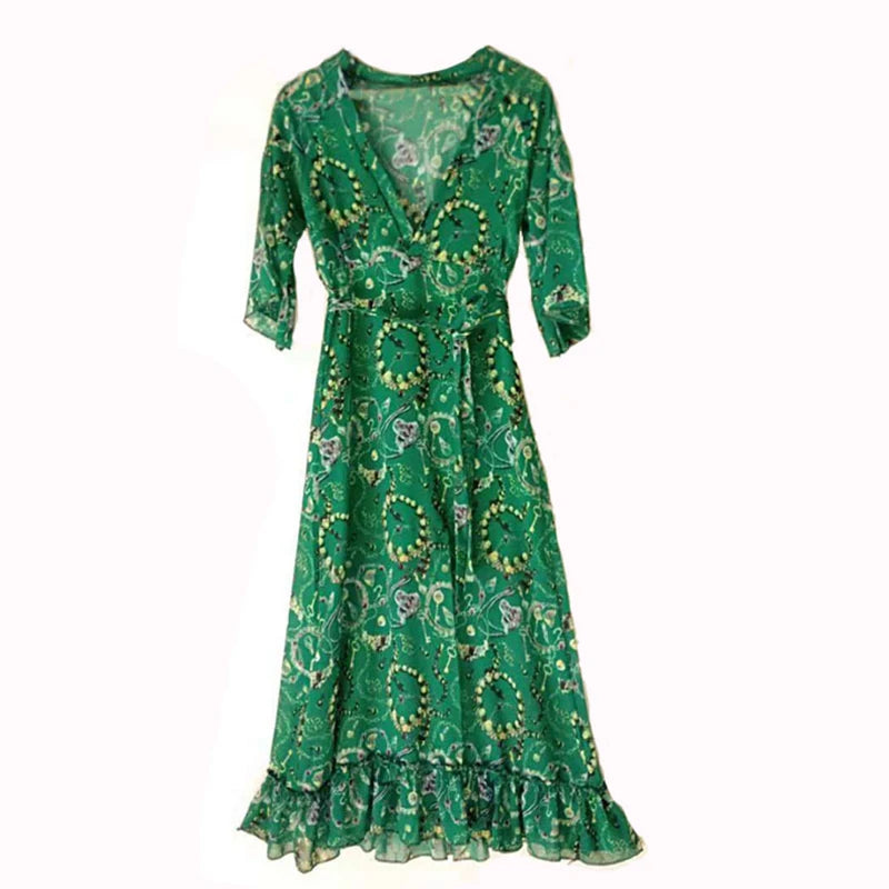 Women’s Green Floral Ruffles Chiffon Dress – Casual Spring V-Neck Maxi Dress
