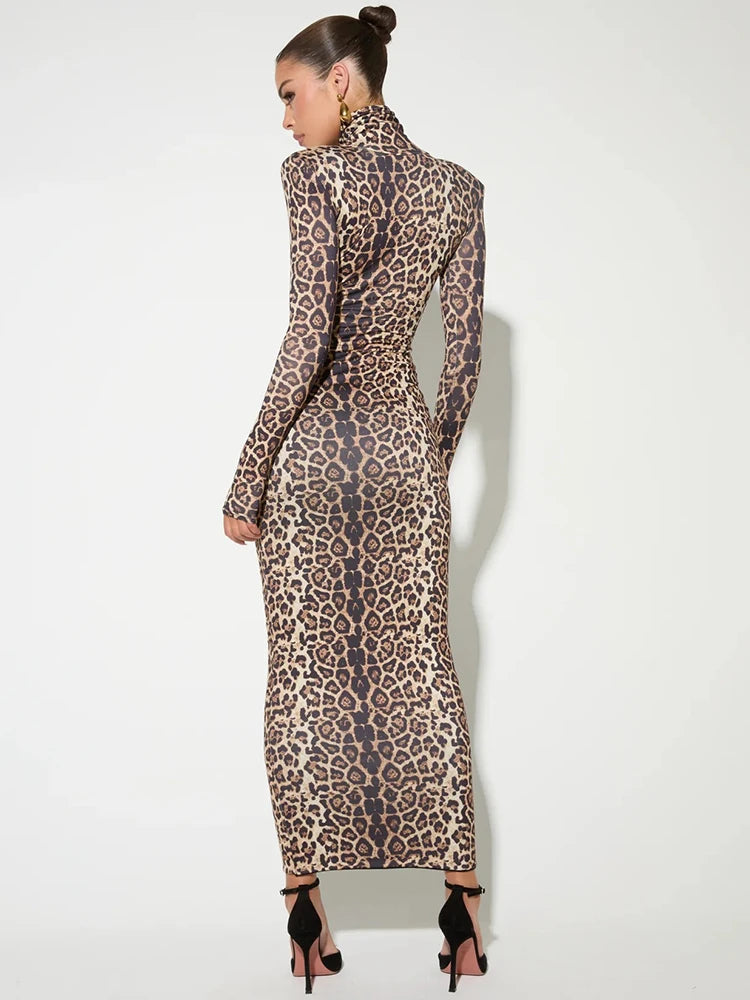 Mozision leopard print long sleeve sexy maxi dress for women, showcasing the sleek bodycon fit and long sleeves.
