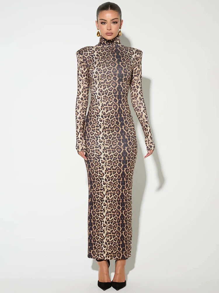  Mozision leopard print long sleeve sexy maxi dress for women, autumn winter fashion, turtleneck, printed bodycon long dress.
