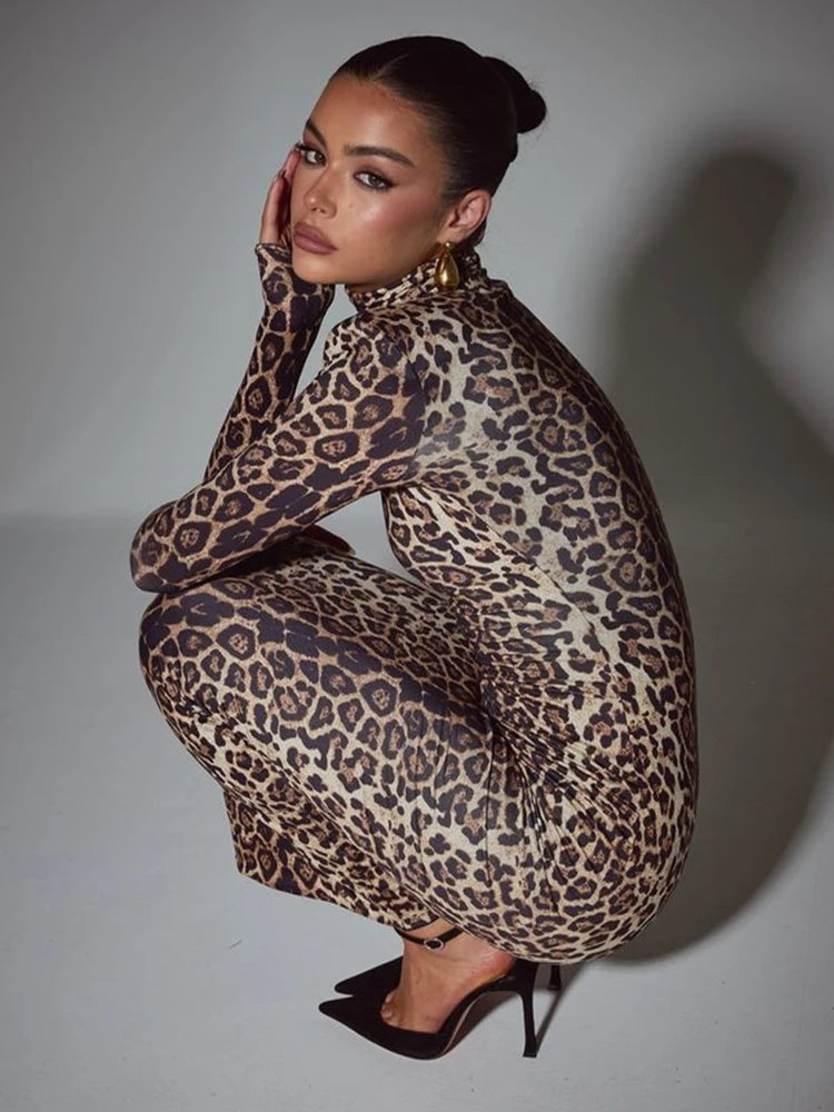  Mozision leopard print long sleeve sexy maxi dress, showing the turtleneck and bodycon silhouette, styled for autumn and winter fashion1.
