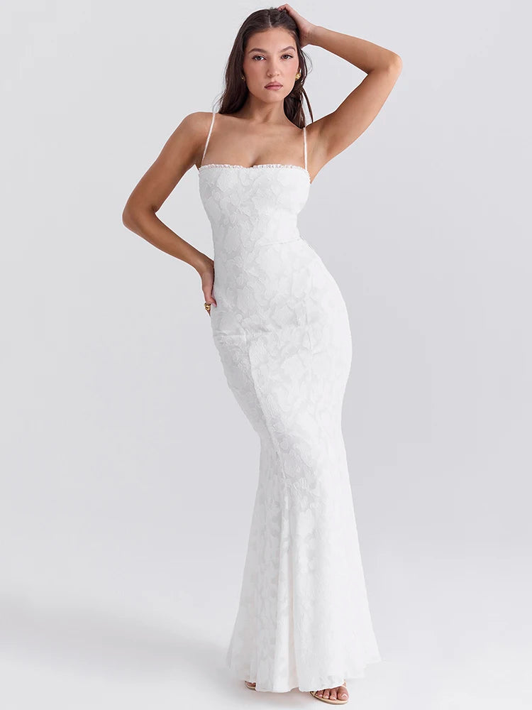 Another front view of sexy white backless maxi dress with spaghetti straps, showcasing the bodycon fit and elegant neckline.
