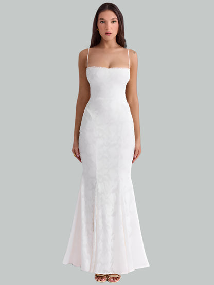 Another front view of sexy white backless maxi dress with spaghetti straps, showcasing the bodycon fit and elegant neckline.
