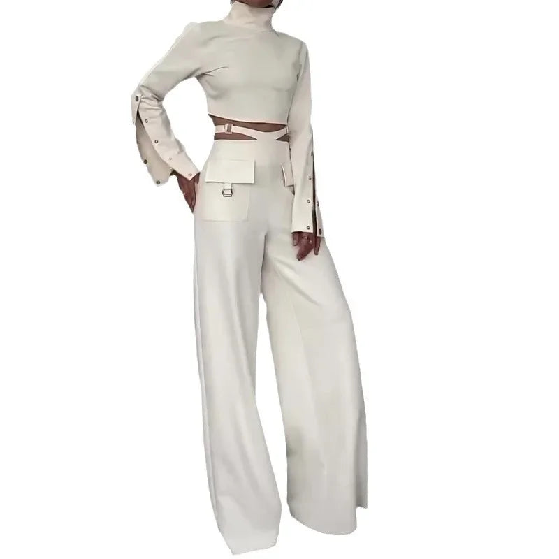 "Spring white two-piece set with turtleneck and pants.