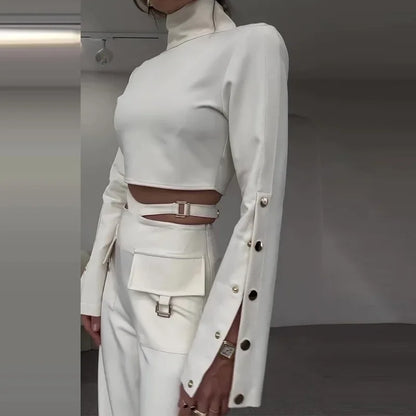 White wide-leg pant set with long-sleeve turtleneck