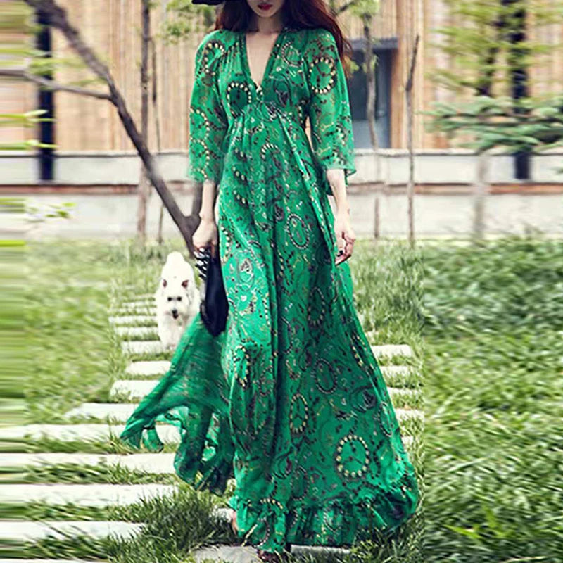 Women’s Spring Bohemian Floral Maxi Dress with V-Neck and Ruffles in Green
