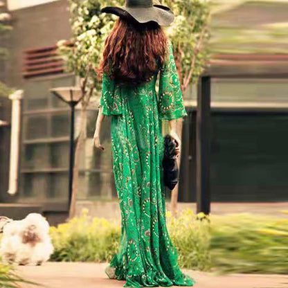 Women’s Bohemian Spring Floral Maxi Dress - V-Neck and Half Sleeve Green Dress
