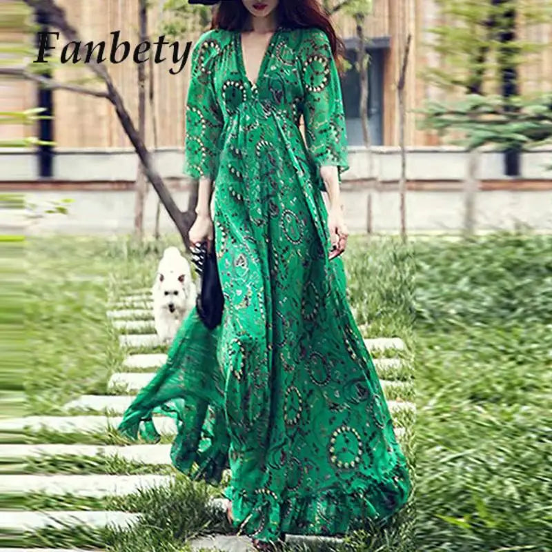 Women’s V-Neck Floral Ruffles Chiffon Maxi Dress - Spring Green Bohemian Style
