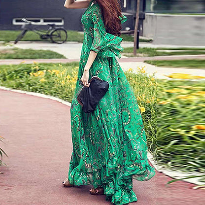 Spring Floral Chiffon Dress with Ruffles for Women – Bohemian V-Neck Design
